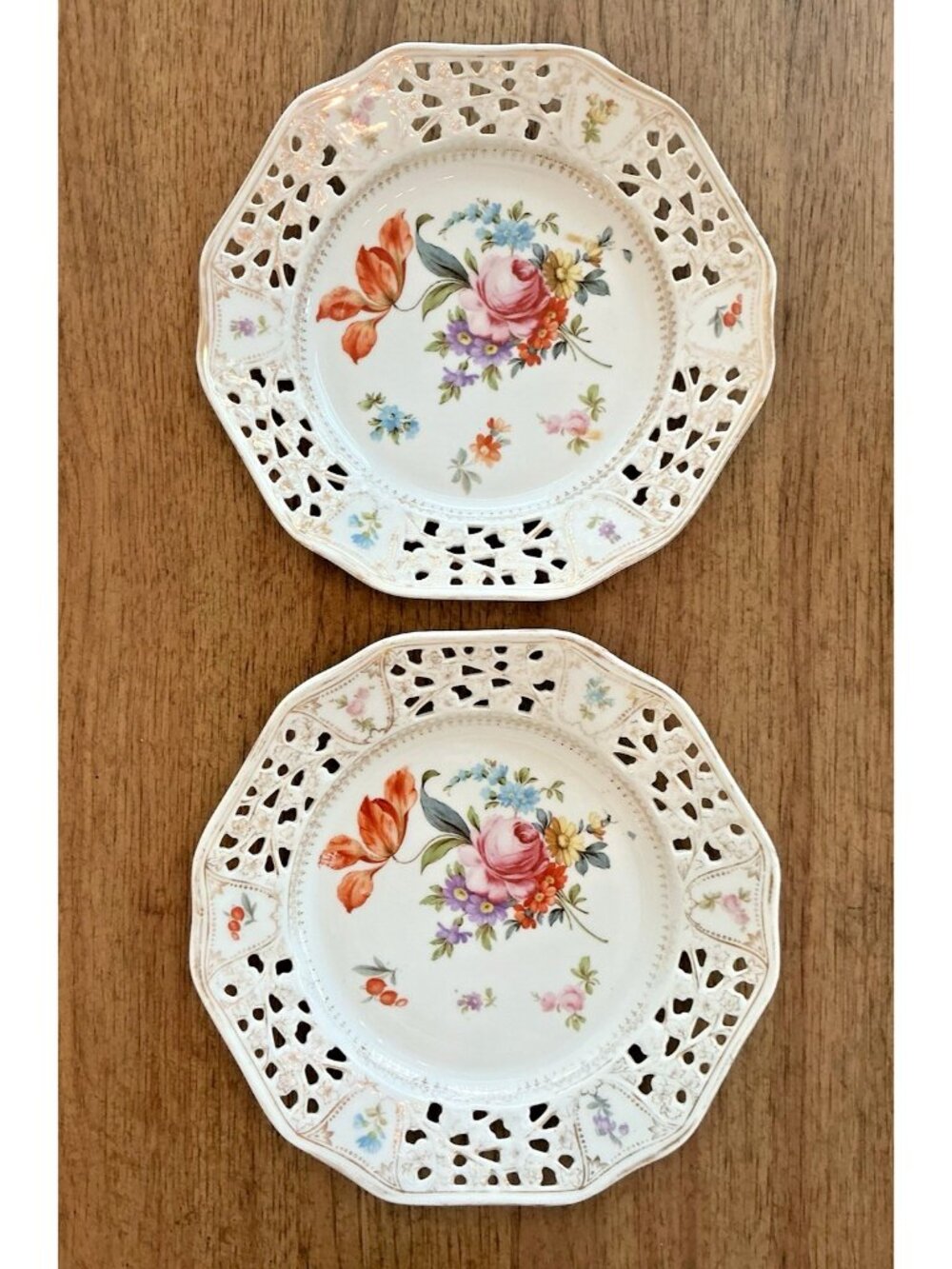Vintage RW Bavaria Reticulated Porcelain Transferware Plates 9" Hand Painted